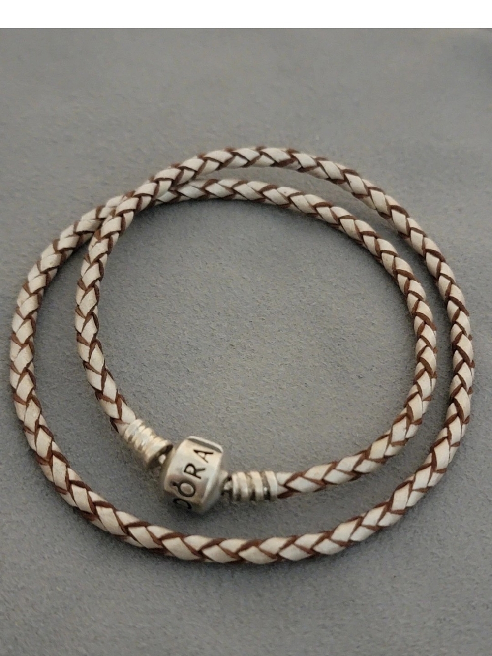 Pandora Cream & Brown Braided Double-Wrap Leather Bracelet with Silver Clasp